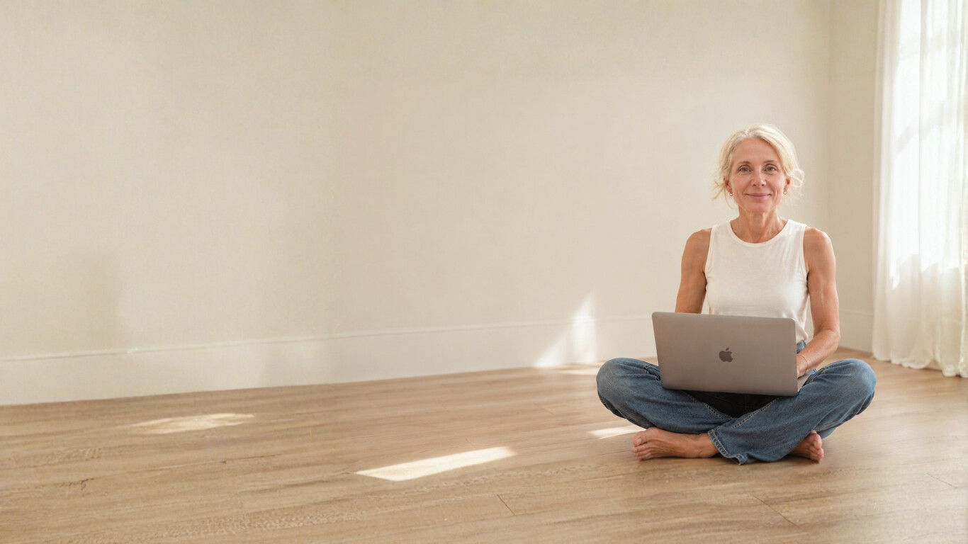 Caroline Wiseman, founder of Twilight Creative, sitting with her laptop