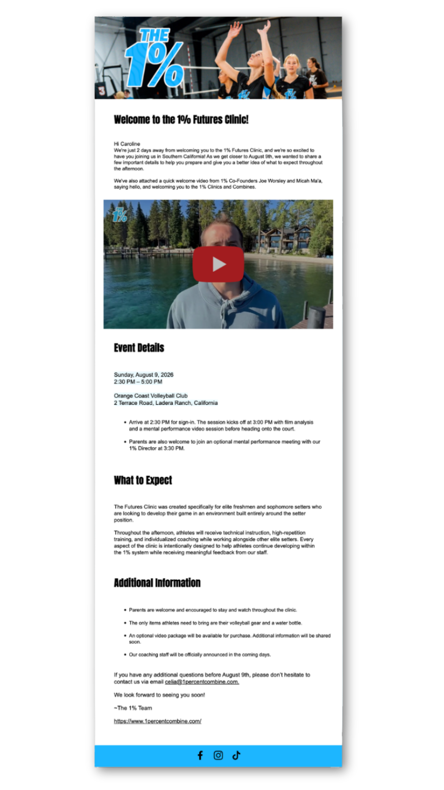 The 1% Combine Futures Clinic welcome email